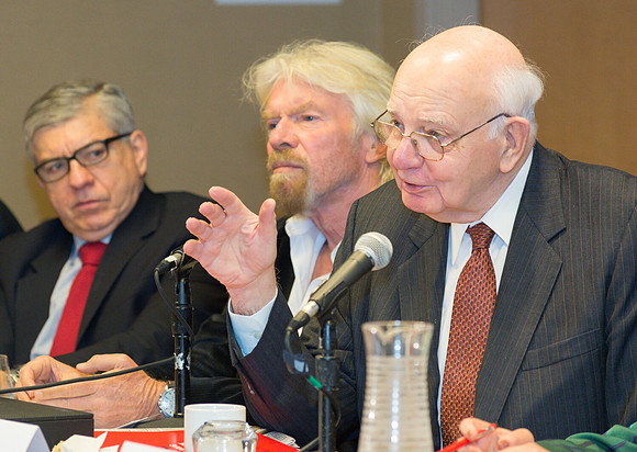 Cesar Gaviria, Richard Branson and Paul Volcker at Global Commission on Drug Policy conference.