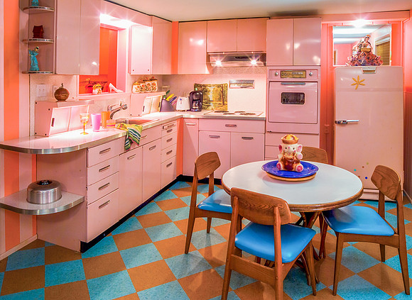 1950's retro pink Kitchen with orange and aqua checkers tile floor